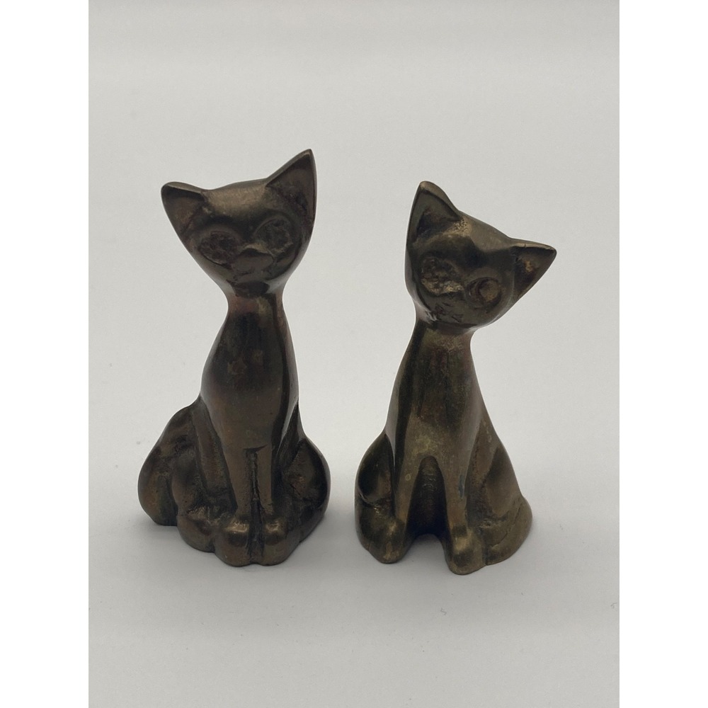 Vintage Brass Cat Figurines Pair Mid Century Modern Stylized Seated Kittens 3"